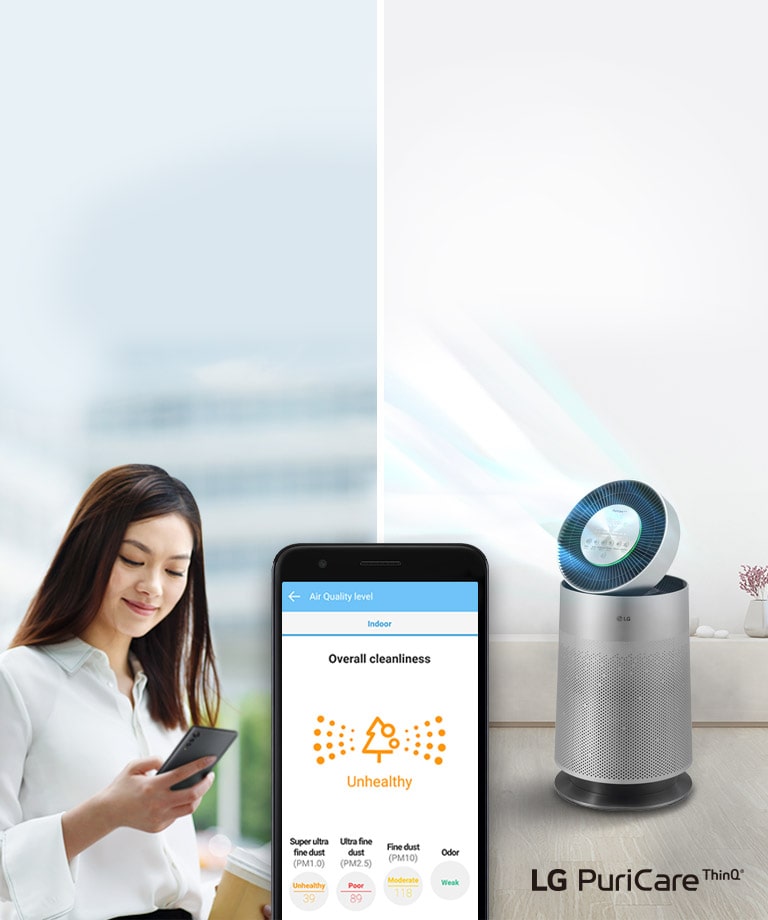 Woman checking smartphone displaying "unhealthy" air quality beside an LG PuriCare air purifier emitting clean air in a room.