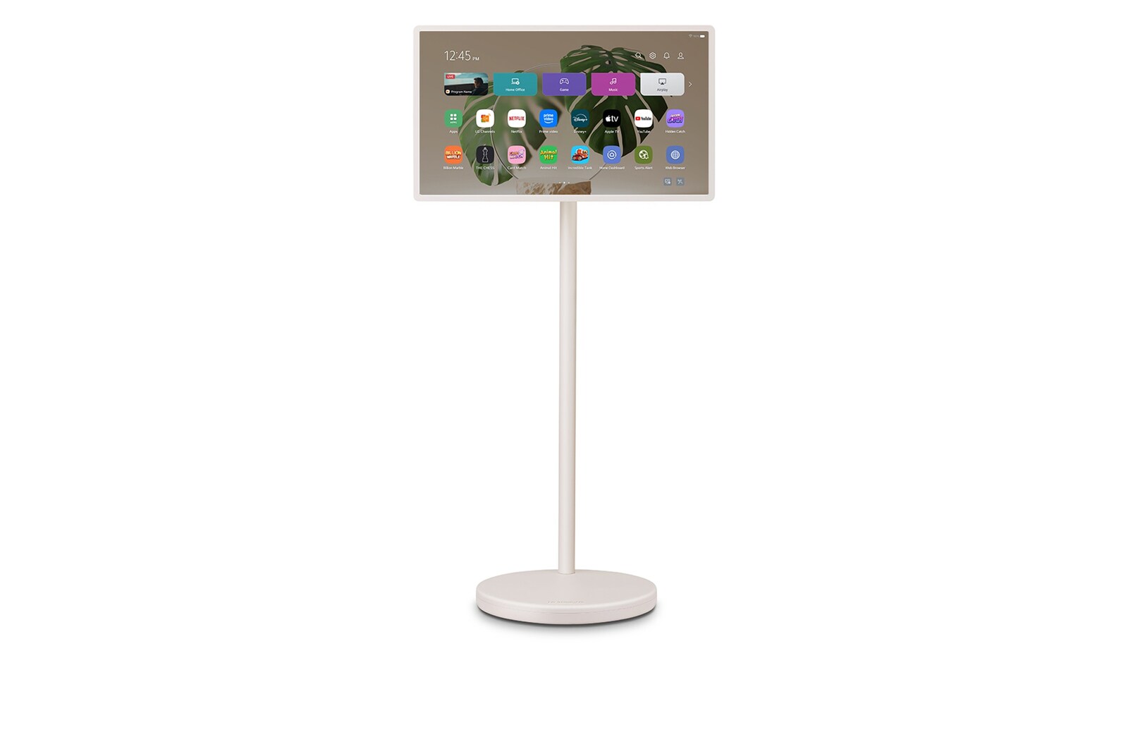 Front view of LG StanbyME 2 on the stand.
