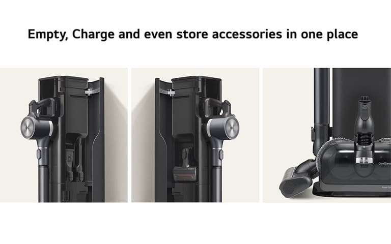 LG developed the LG CordZero™ All-in-One Tower™ with Auto Empty function to improve the vacuum-emptying aspect of cleaning. When connected, compatible LG vacuum cleaners are automatically emptied into the tower's larger dust container, eliminating the need for manual emptying of the LG CordZero™ A9 stick vacuum cleaners. The tower incorporates a 3-step filtration system, securely trapping dirt and filtering out particles to prevent the release of dust or pet hair into the air during emptying. With convenient storage space for vacuum accessories, you can enjoy a more organized cleaning routine. Experience a streamlined and hygienic cleaning process with LG's innovative All-in-One Tower™.