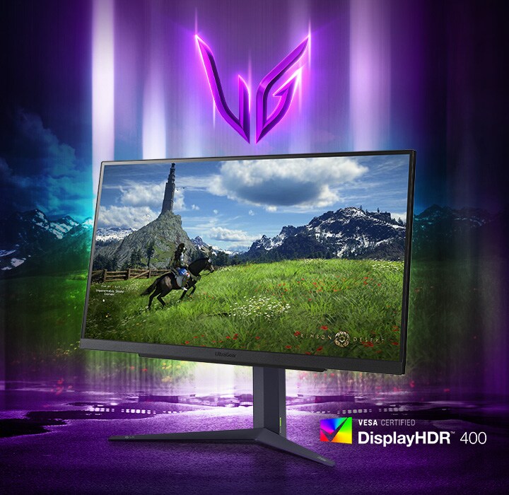 UltraGear™ gaming monitor with the image of a man riding a horse.