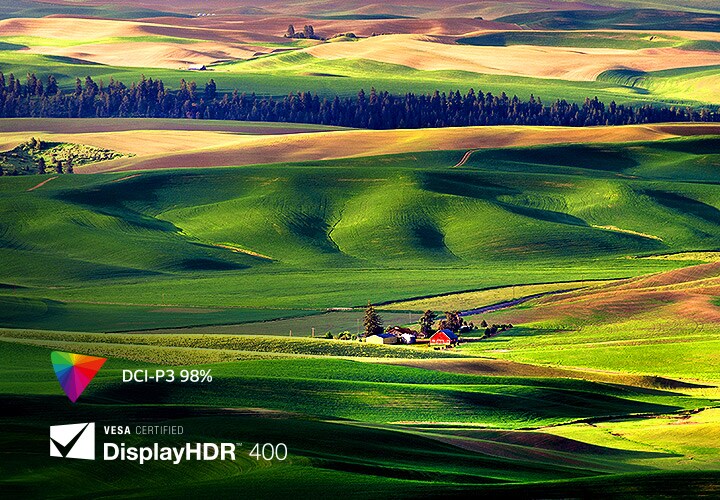 The VESA DisplayHDR™ 400 lets you enjoy clear and realistic colors up to 98% DCP-P3.