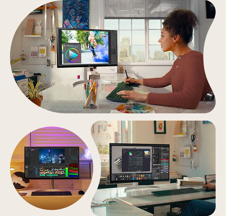 A scene of Photoshop, streaming, and video editing with the 27UQ850V.