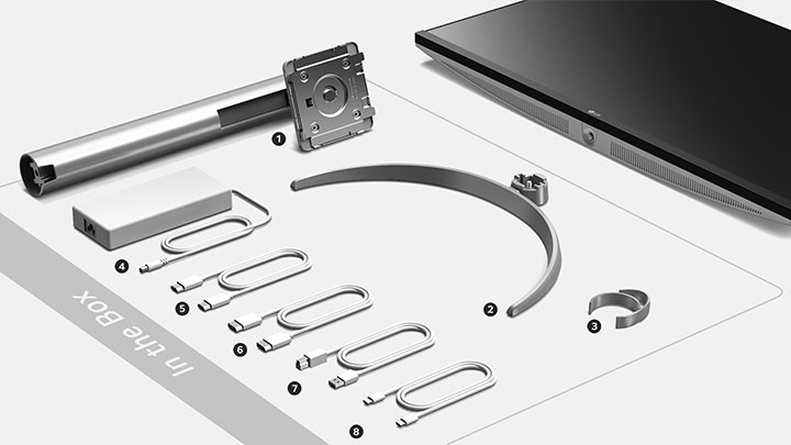 27UQ850V What's in the box (1. Stand body  2. Stand base  3.Cable holder 4. Power adapter  5. HDMI cable  6. DP cable  7. USB A to B cable  8. USB C to C cable)