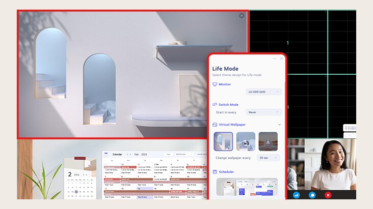 LG Switch app helps to optimize the monitor to your work and life. You can readily divide the whole display up to 6, change the theme design, or even launch a video call platform with a mapped hotkey.