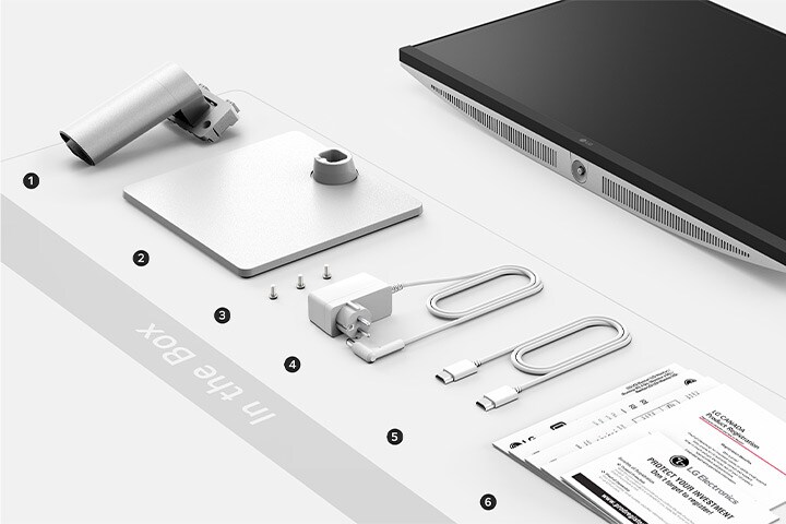 The box includes the Stand body, Stand base, Screws, Power adapter, HDMI cable, Quick Start Guide, Registration Card, and Warranty.