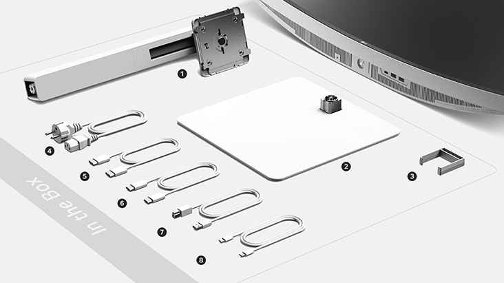 Stand body, Stand base, Cable holder, Power cord, HDMI cable, DP cable, USB A to B cable and USB C to C cable in the box.	