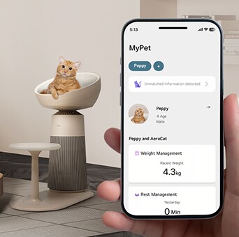 Pet care tracking app screen with an air purifier and a cat sitting on top.	