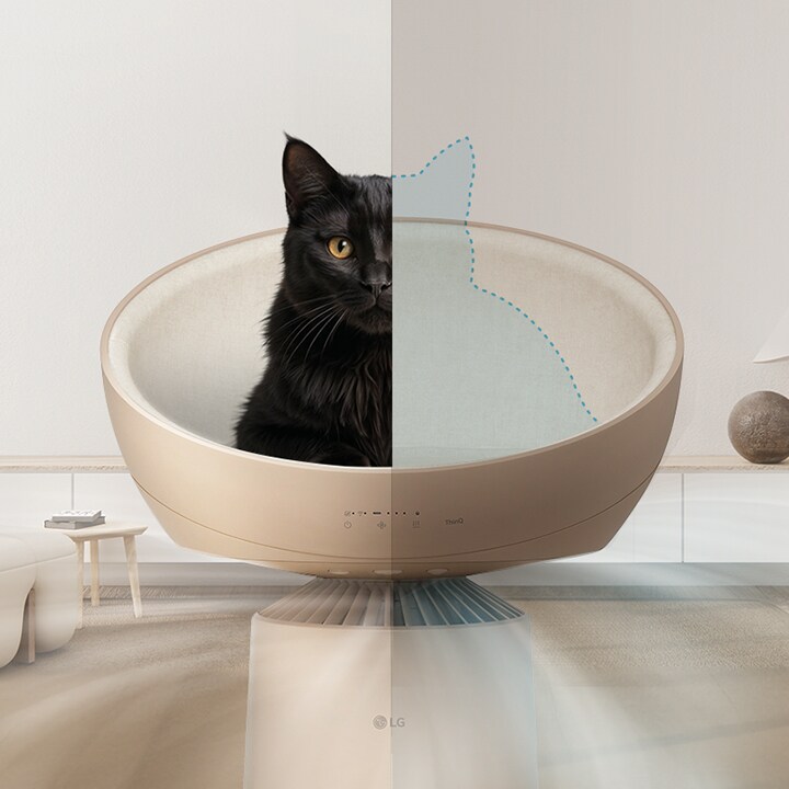 Split-screen image showing weak airflow with a cat on the seat and strong airflow without it	
