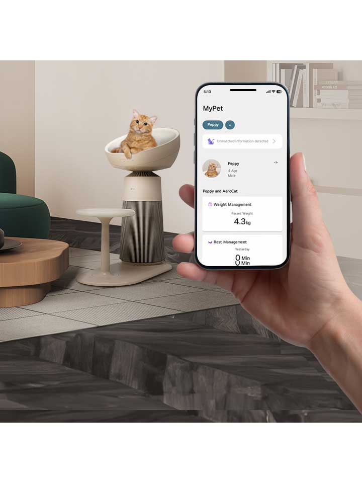 Image of a cat on an air purifier seat in a living room with a sofa, displaying pet care app tracking weight and rest time	