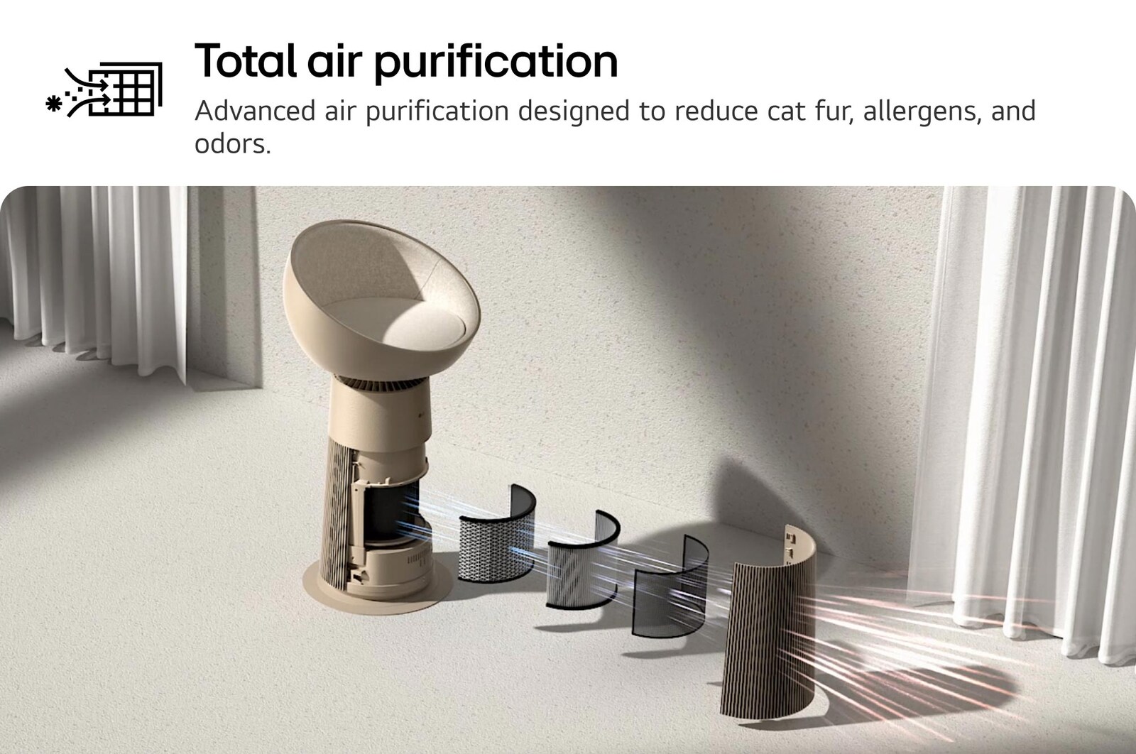 An exploded view of a pet air purifier with a heated dome seat, showcasing its multi-stage filtration system designed. Text read : 'Total air purification' : Advanced air purification designed to reduce cat fur, allergens, and odors.