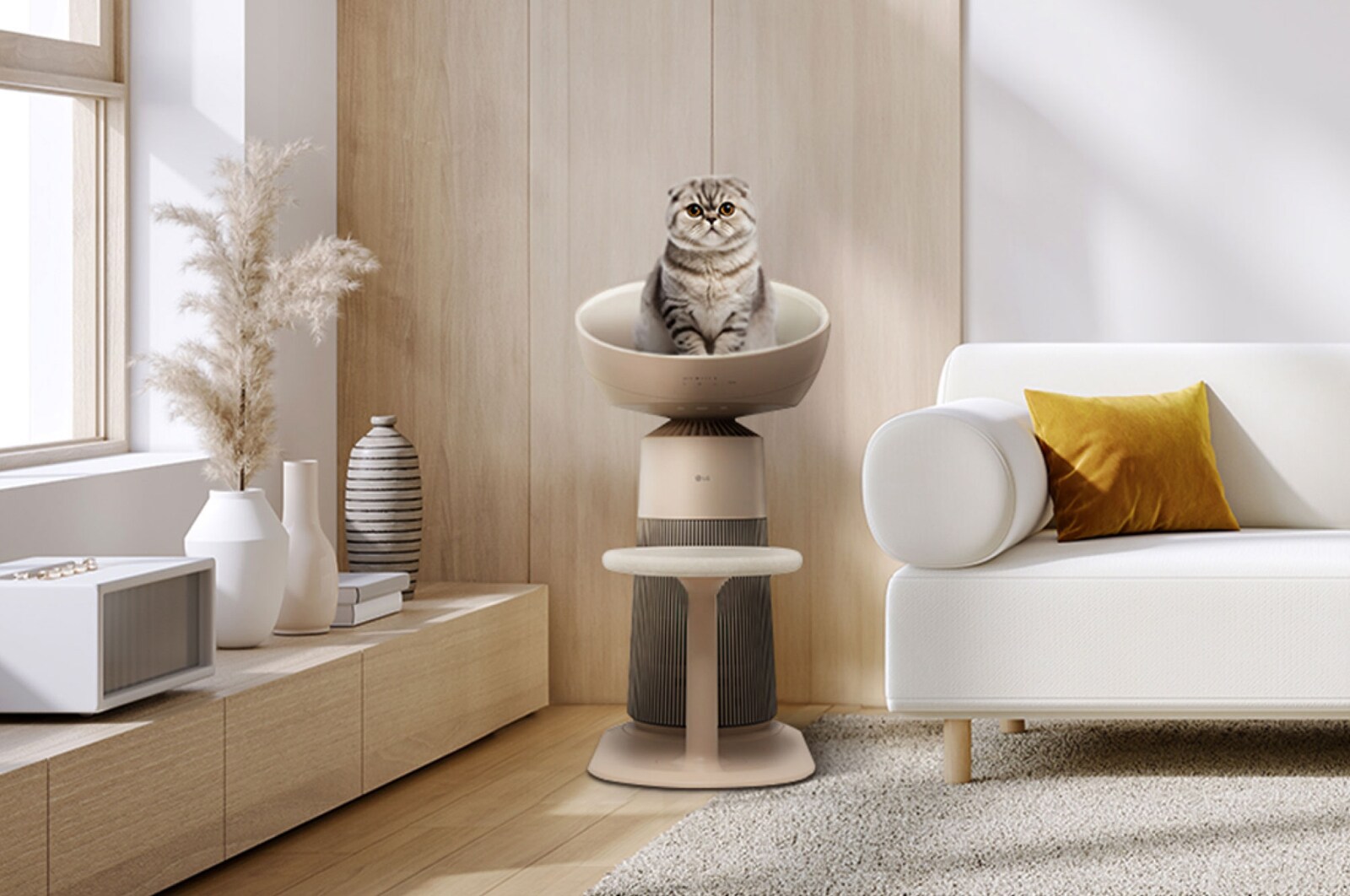 Image of a cat sitting on an air purifier sheet in the living room