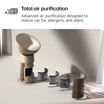 An exploded view of a pet air purifier with a heated dome seat, showcasing its multi-stage filtration system designed. Text read : 'Total air purification' : Advanced air purification designed to reduce cat fur, allergens, and odors.
