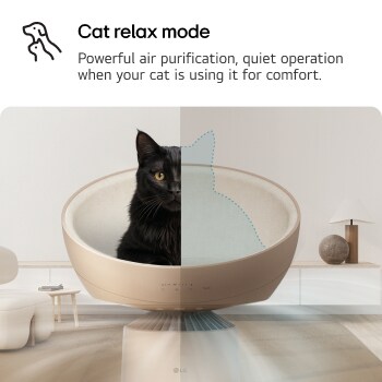 Pet air purifier with a heated dome seat. The airflow adjusts based on the cat's presence: weaker when occupied, stronger when empty. Text read : ' Cat relax mode' : Powerful air purification, quiet operation when your cat is using it for comfort.