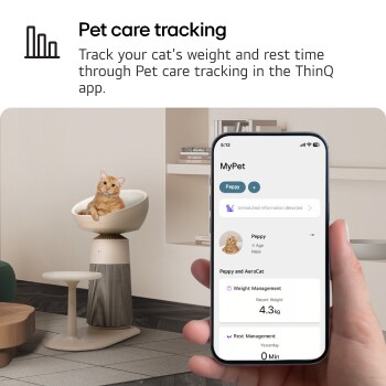 An image showing a cat sitting on air purifier seat with a heating seat. A hand holds a smartphone displaying the pet care tracking feature in the ThinQ app. Text read : 'Pet care tracking' : Track your cat's weight and rest time through Pet care tracking in the ThinQ app.