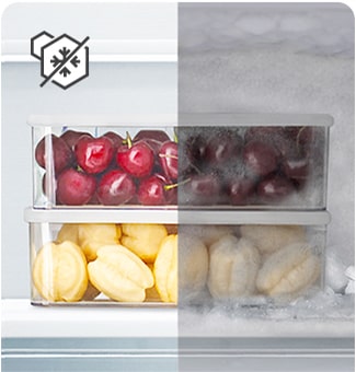 Comparison of frozen fruit containers without and with frost.