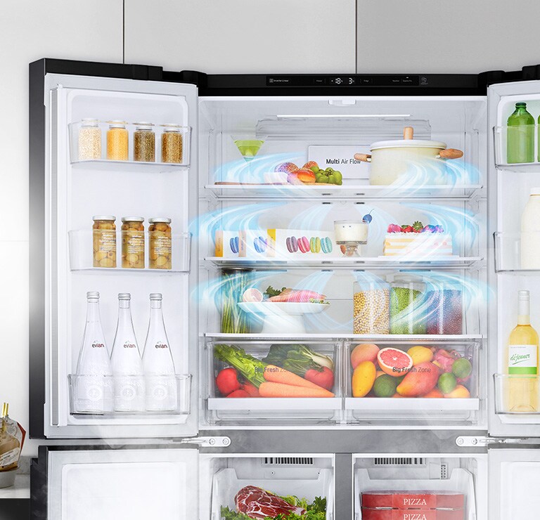 Open LG refrigerator showing multi-air flow, fresh food, drinks, vegetables, and organized shelves.