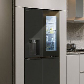 Modern kitchen interior with InstaView fridge.