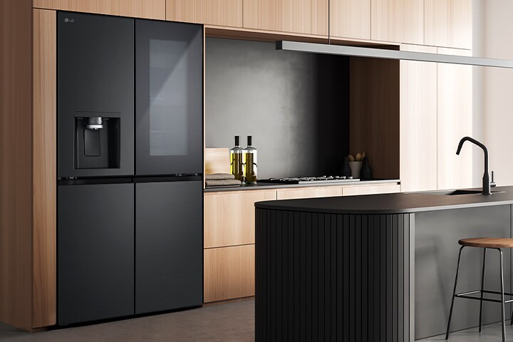 Modern kitchen interior with InstaView fridge.	