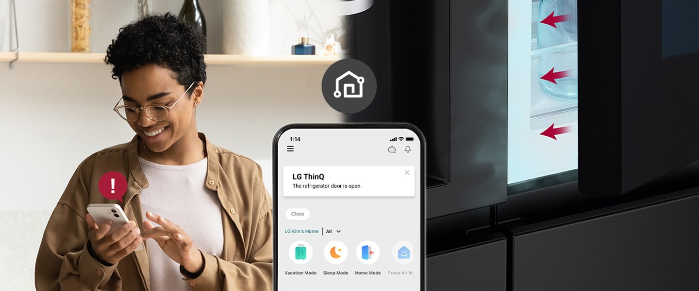 Person using the LG ThinQ app on smartphone, receiving an alert about the refrigerator door being open.