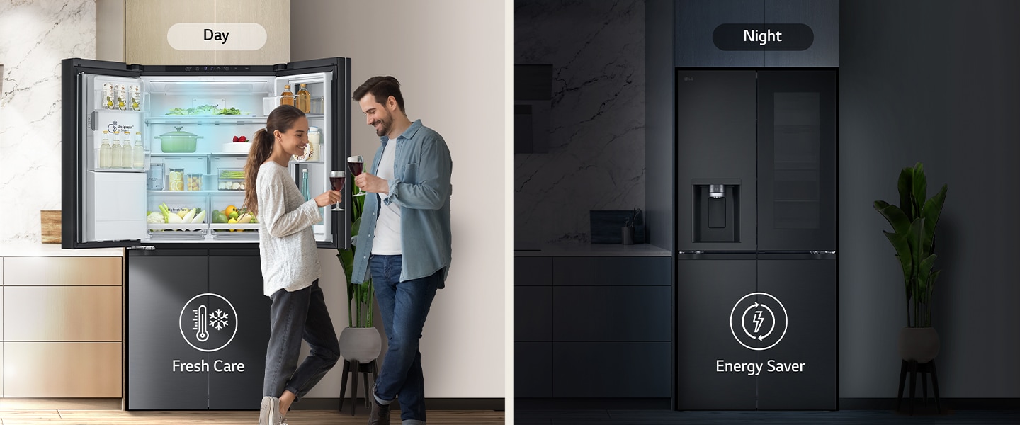 Two people with drinks stand by an open refrigerator filled with food on the left, while the fridge is closed on the right.