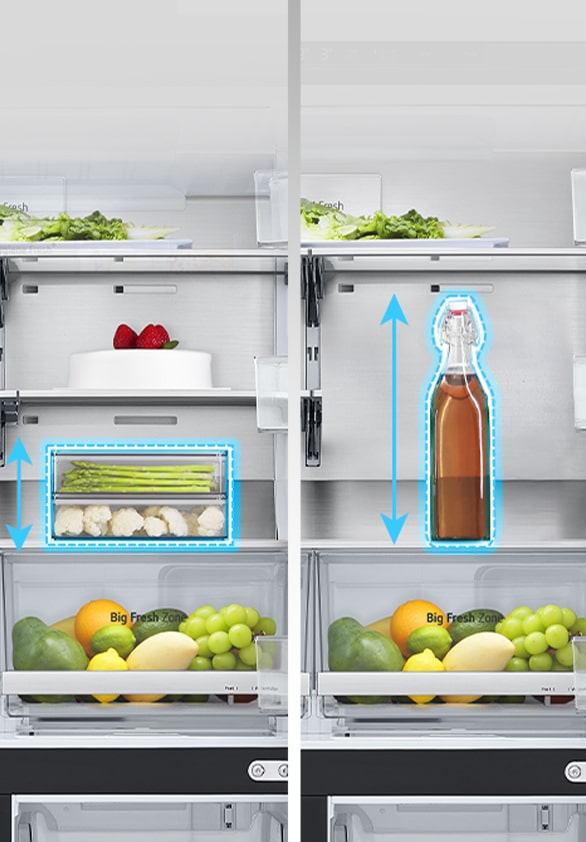 LG refrigerator interior showing adjustable shelves with fresh produce, a cake on the left, and a bottle on the right.