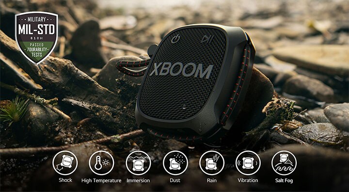 LG XBOOM Go XG2T standing on the rock to show Military Standards.