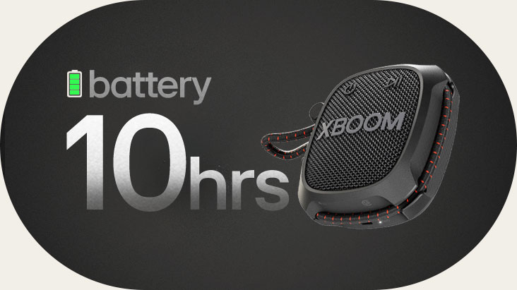 LG XBOOM Go XG2T standing in infinite space and shows 10 hours of battery life.