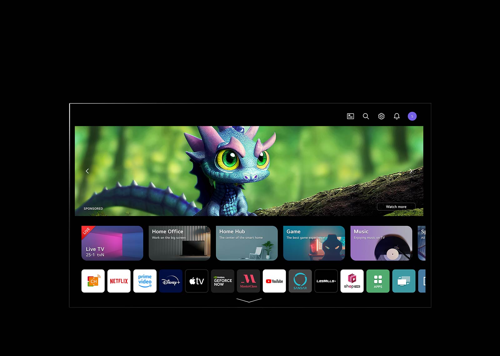 A video showing WebOS's home screen. A cursor clicks on the initial in the top right corner and switches to another profile.