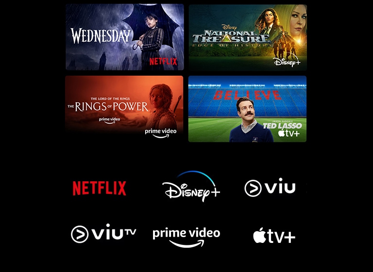 A poster of Wednesday from Netflix, National Treasure from Disney , The Rings of Power from Prime Video and Ted Lasso from Apple TV Plus.