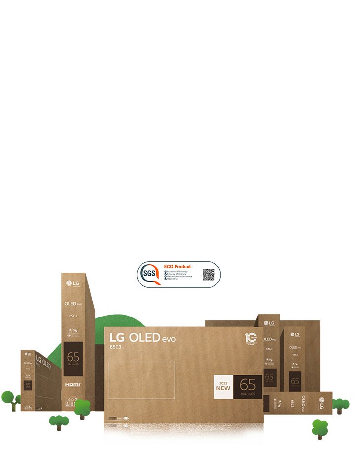 Eco-friendly LG OLED cardboard packaging depicted around thriving trees and mountains.