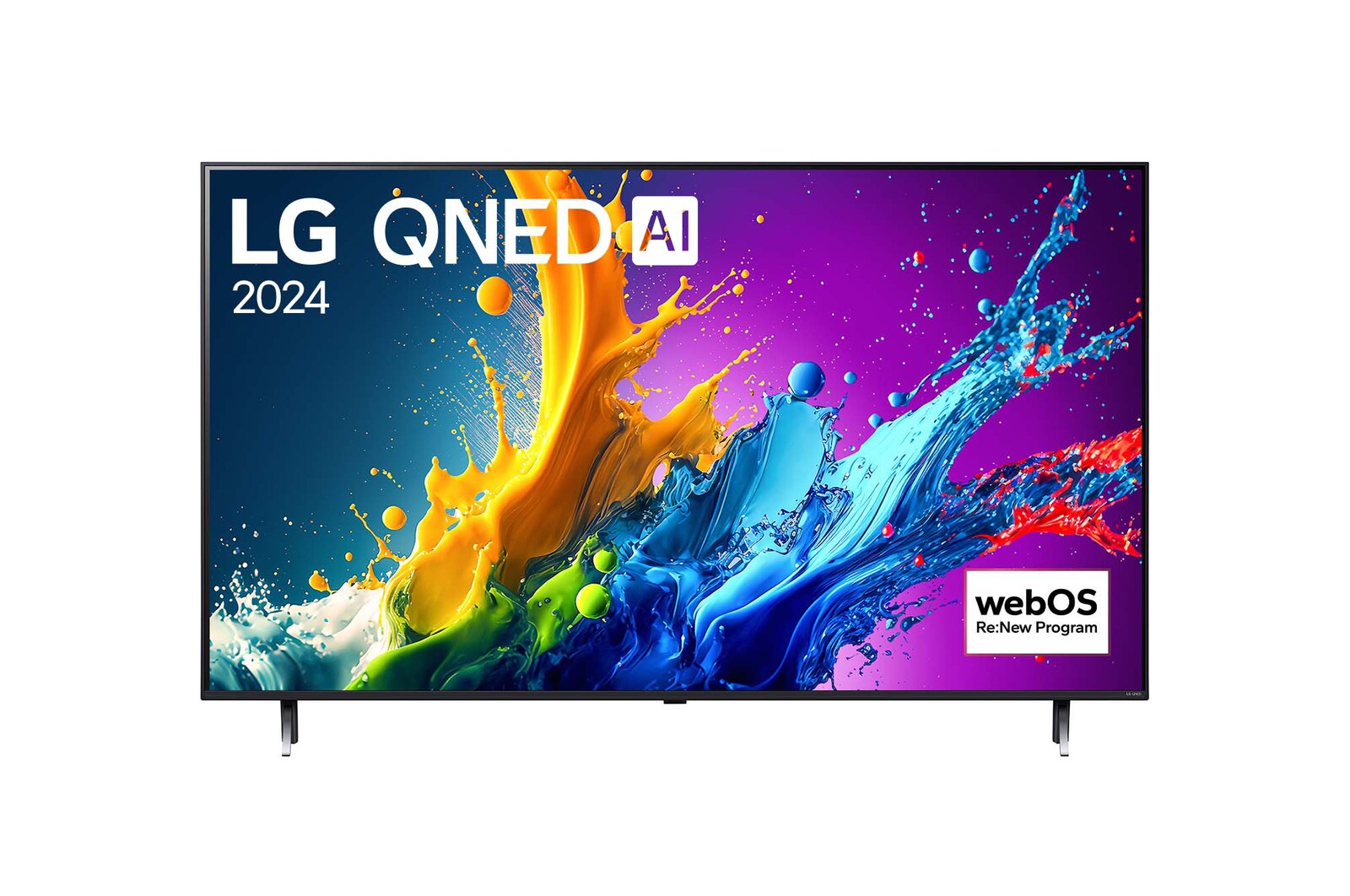 Front view of LG QNED80 4K Smart TV with text of LG QNED, 2024, and webOS Re:New Program logo on screen