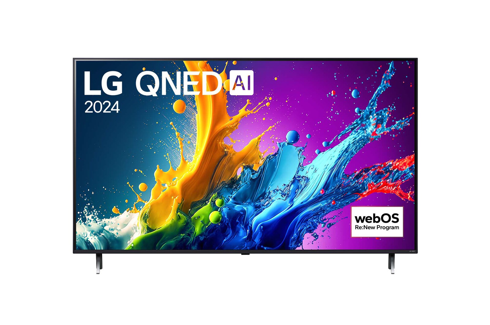 Front view of LG QNED80 4K Smart TV with text of LG QNED, 2024, and webOS Re:New Program logo on screen