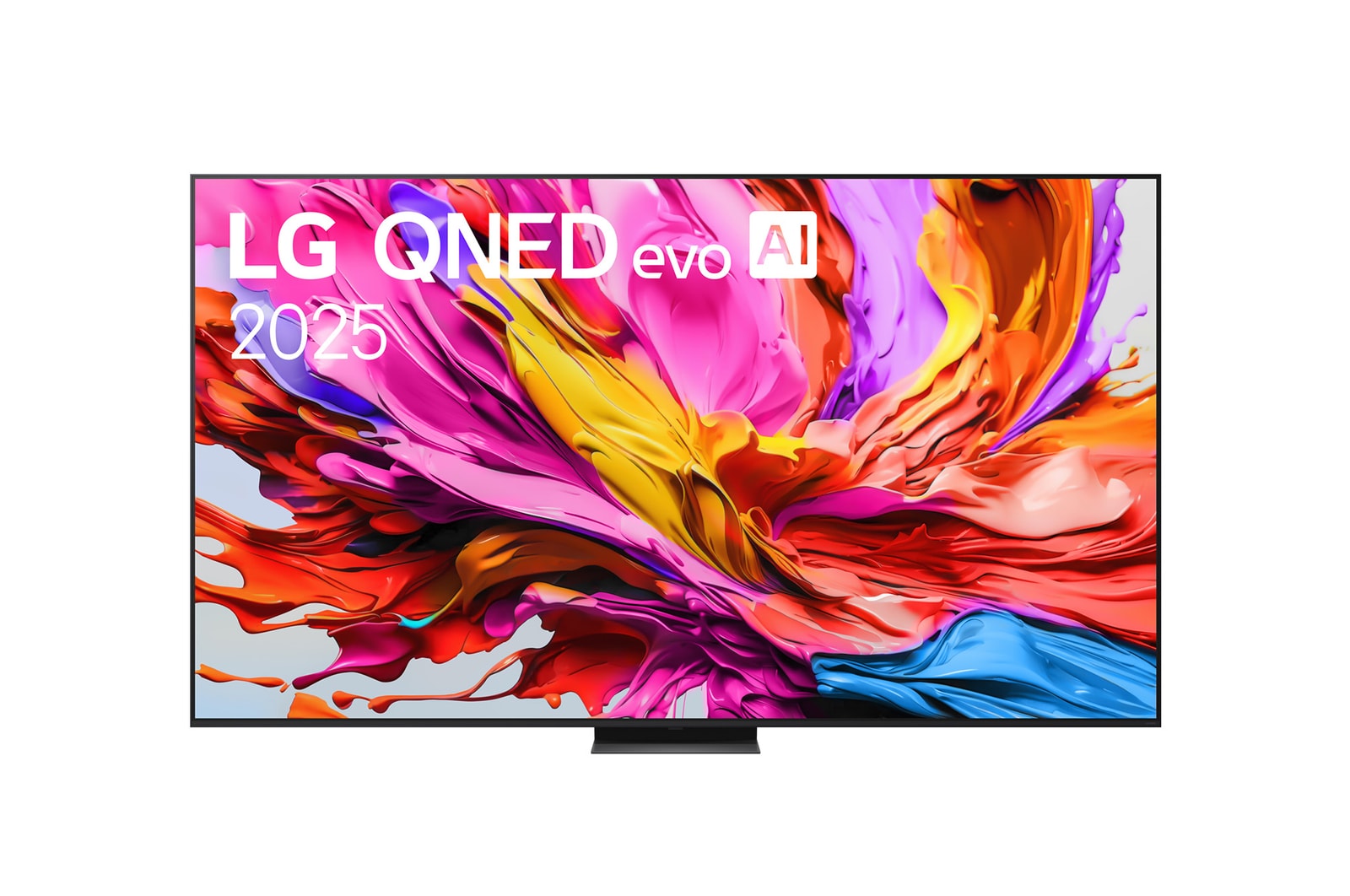 Front view of LG QNED evo QNED86 TV, LG QNED evo Al Logo on the top corner. LG QNED evo QNED86 TV depicts colorful paintike textures coming together.