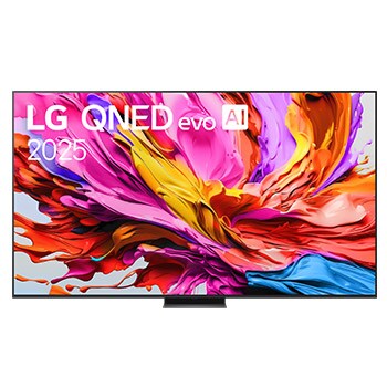 Front view of LG QNED evo QNED86 TV, LG QNED evo Al Logo on the top corner. LG QNED evo QNED86 TV depicts colorful paintike textures coming together.