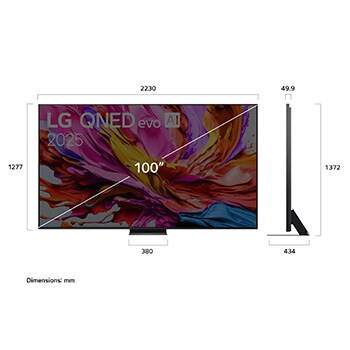 Front view and side view of LG QNED evo AI QNED86 4K Smart TV showing its length, width, height, and depth dimensions.