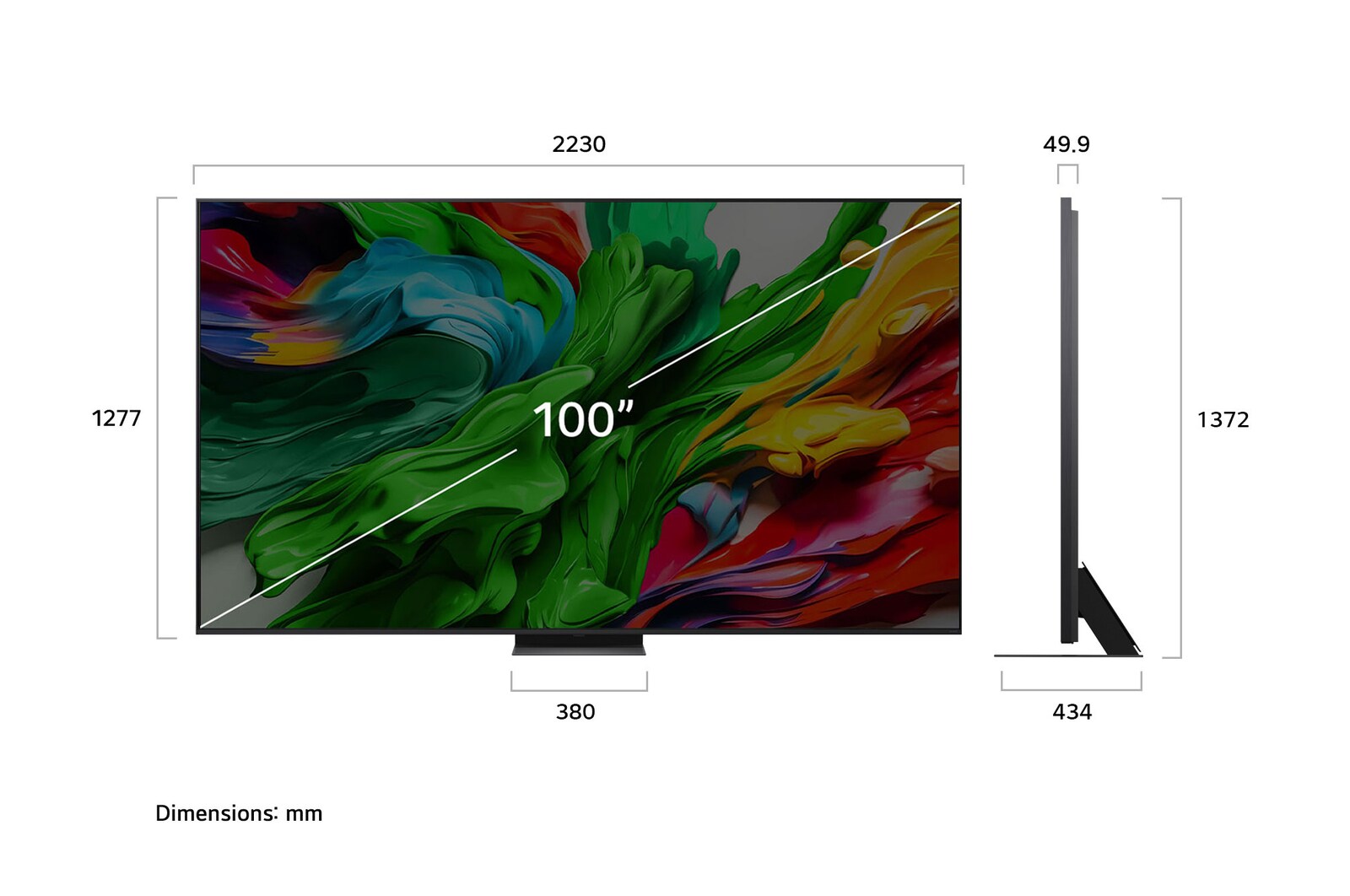 Front view and side view of LG QNED evo AI QNED86 4K Smart TV showing its length, width, height, and depth dimensions.