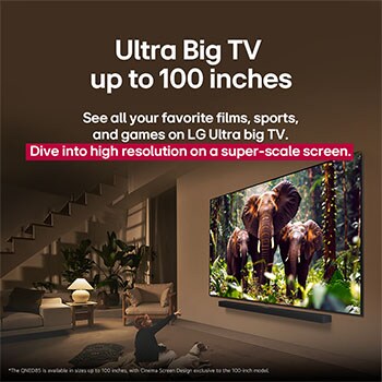 A girl and a dog are seated in front of a LG QNED TV mounted on a wall depicting three elephants walking outwards above a LG Soundbar. The title talks about how every action is more thrilling on a massive screen.