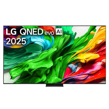 Front view of LG QNED evo QNED86 TV, LG QNED evo Al Logo on the top corner. LG QNED evo QNED86 TV depicts colorful paintike textures coming together.