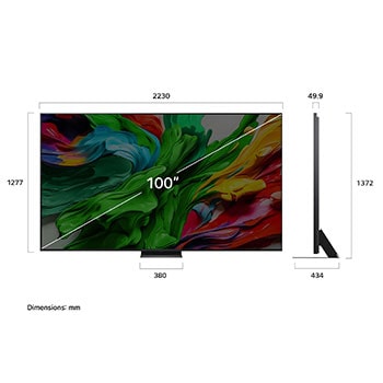 Front view and side view of LG QNED evo AI QNED86 4K Smart TV showing its length, width, height, and depth dimensions.