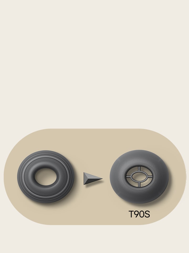 There are two ear tips shown. On the left is the previous one, on the right is shown T90S's ear tip to provide it better isolate the noise.