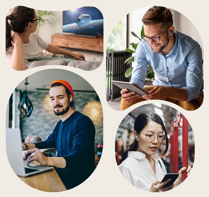 A collage of people using T90S earbuds in their daily lives. Left from top to bottom, a woman is watching a TV with T90S and a man is using his laptop with T90S. Right top to bottom, a man is wearing T90S while using his tablet PC, and the woman is watching a video from her smartphone on the subway.