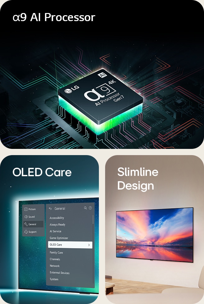 LG's alpha 9 AI Processor Gen7 on top of a motherboard, emitting green bolts of light.  OLED TV with the OLED Care menu is selected in the support menu that is up on the screen.  The slimline design in a side of view as it is placed flat against the wall in a modern living space.