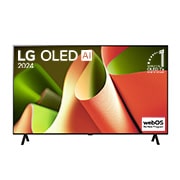 Front view with LG OLED TV, OLED AI B4, 11 Years of world number 1 OLED Emblem and webOS Re:New Program logo on screen with 2-pole stand