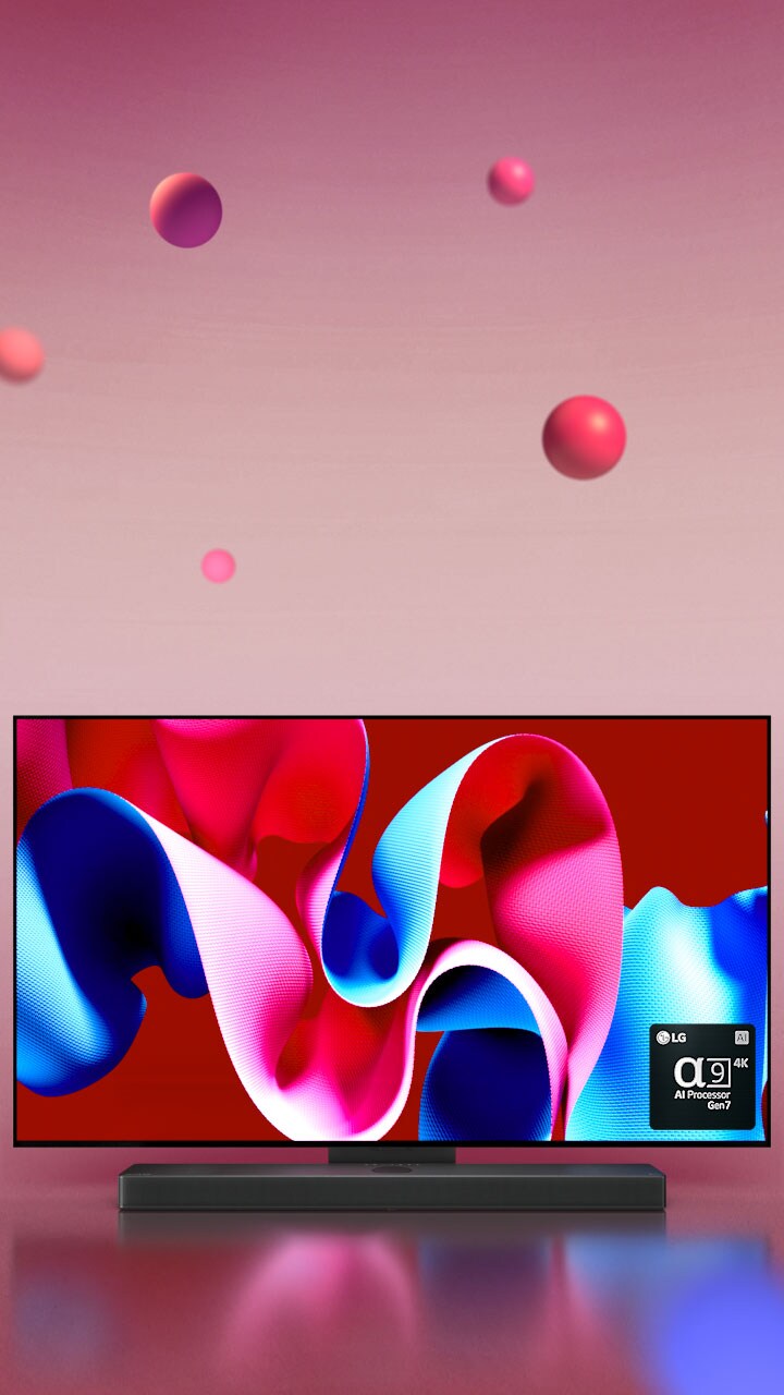 LG OLED C4 and LG Soundbar-ready as they are facing 45 degrees to the right with a pink and blue abstract artwork on screen against a pink backdrop with 3D spheres. The OLED TV and LG Soundbar rotate to face the front. On the bottom right there is a logo of LG alpha 9 AI processor Gen7.