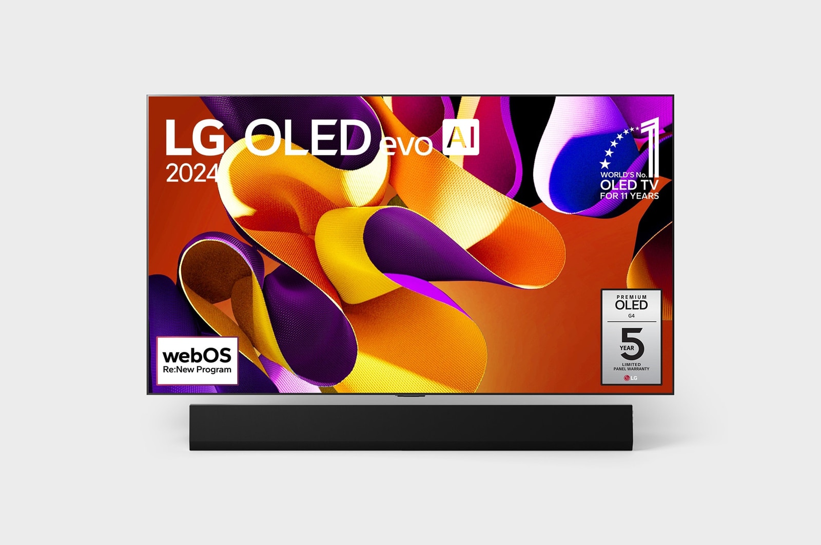 Front view with LG OLED evo AI TV, OLED G4, 11 Years of world number 1 OLED Emblem, webOS Re:New Program logo, and 5-Year Panel Warranty logo on screen, as well as the Soundbar below