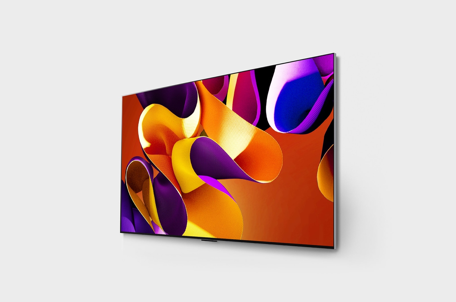 Slightly-angled left-facing side view of LG OLED evo TV, OLED G4 on the wall