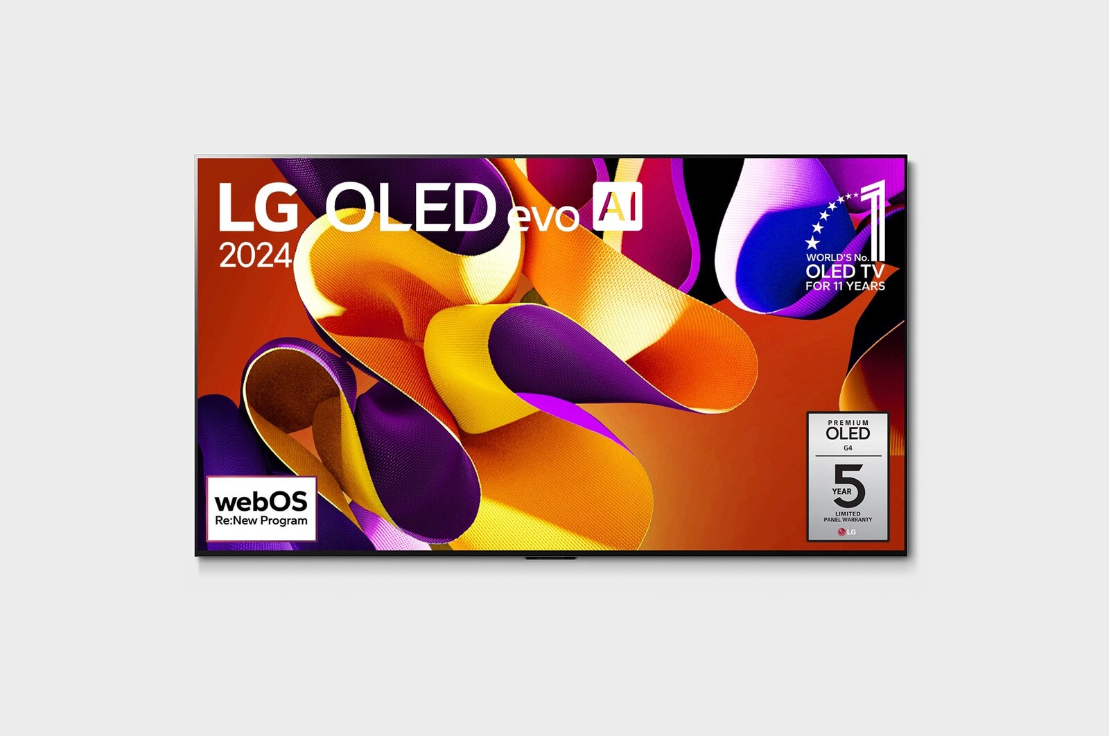 Front view with LG OLED evo AI TV, OLED G4, 11 Years of world number 1 OLED Emblem, webOS Re:New Program logo, and 5-Year Panel Warranty logo on screen