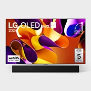 Front view with LG OLED evo AI TV, OLED G4, 11 Years of world number 1 OLED Emblem, webOS Re:New Program logo, and 5-Year Panel Warranty logo on screen, as well as the Soundbar below