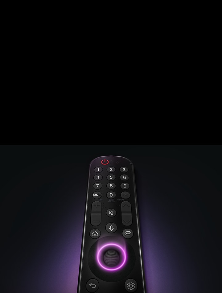 An LG Magic Remote with the middle circular button, as neon purple light emanates around the button to highlight them. A soft purple glow surrounds the remote on a black background.	