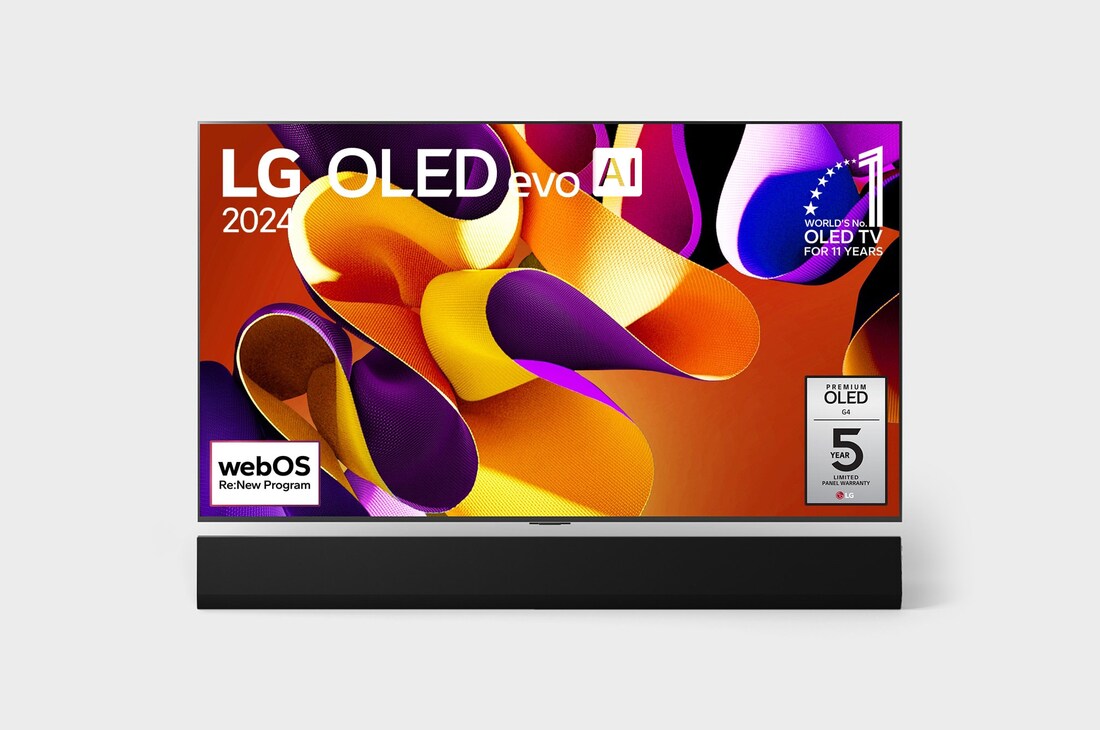 Front view with LG OLED evo AI TV, OLED G4, 11 Years of world number 1 OLED Emblem, webOS Re:New Program logo, and 5-Year Panel Warranty logo on screen, as well as the Soundbar below